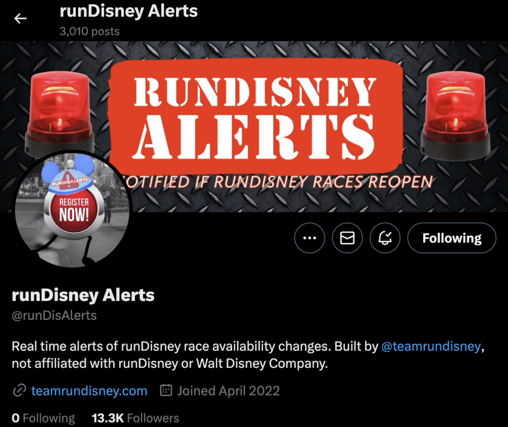 runDisney Alerts Twitter account